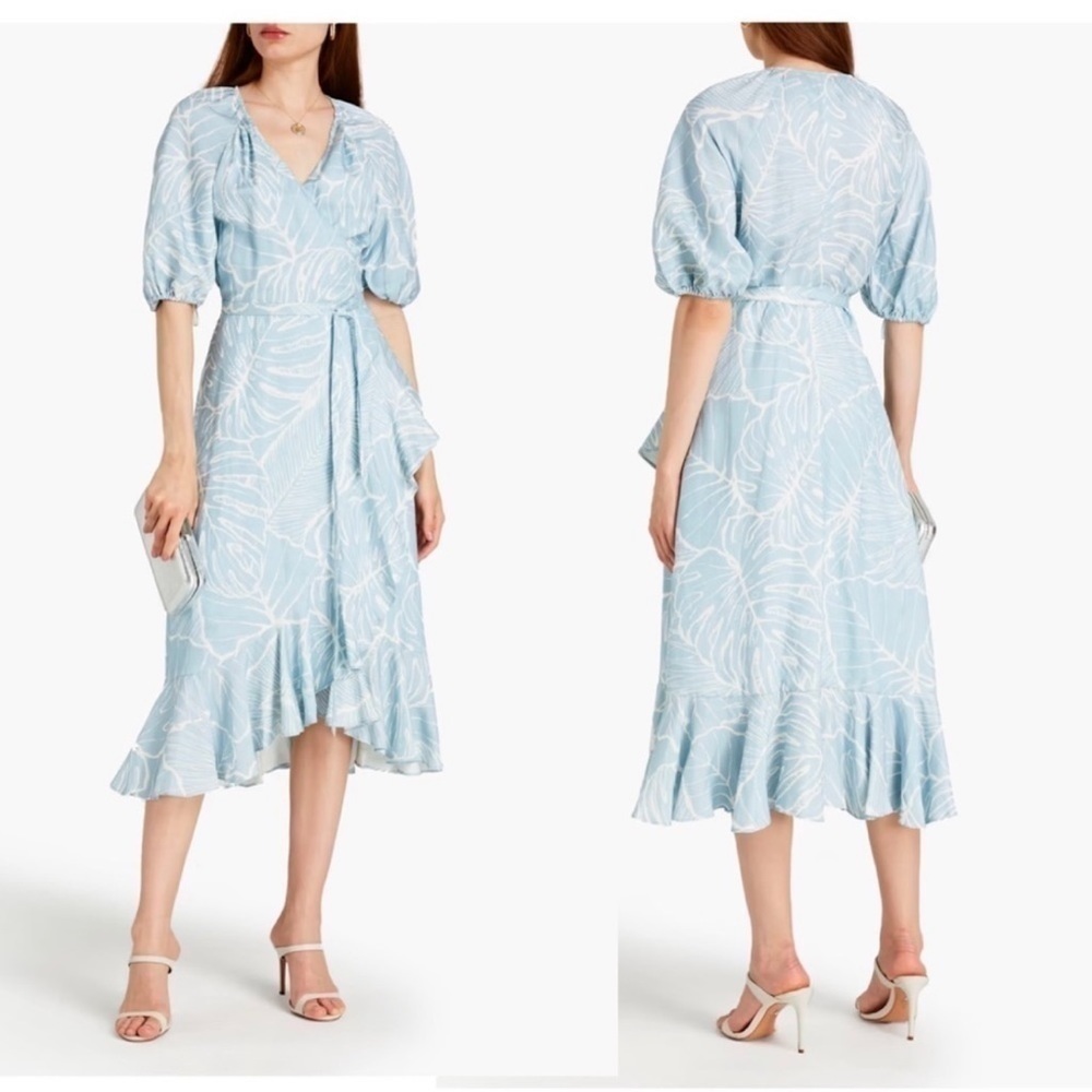 Marchesa Notte Floral Print Cascading Ruffle Wrap Short Sleeve Midi Dress NEW